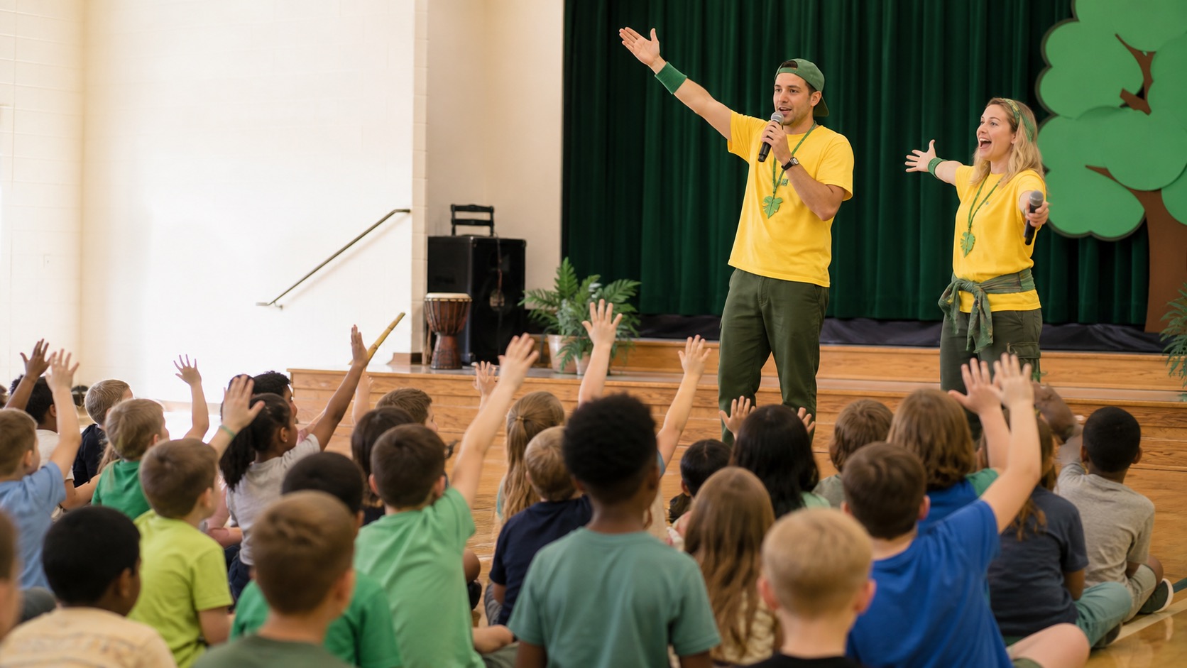 EcoHero-style performers engaging students on a school stage